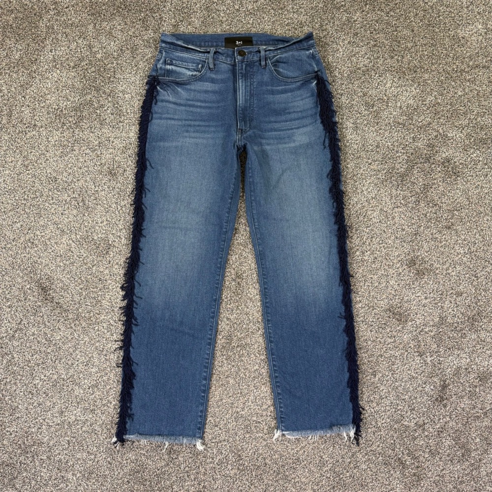 3x1 NYC Spanish Fringe High Rise Straight Leg Fit Jeans Womens 27 Blue Denim